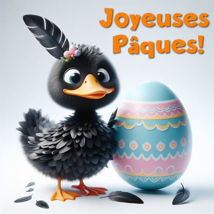 Image avec canard et œufs décorés souhaitant de bonnes Pâques