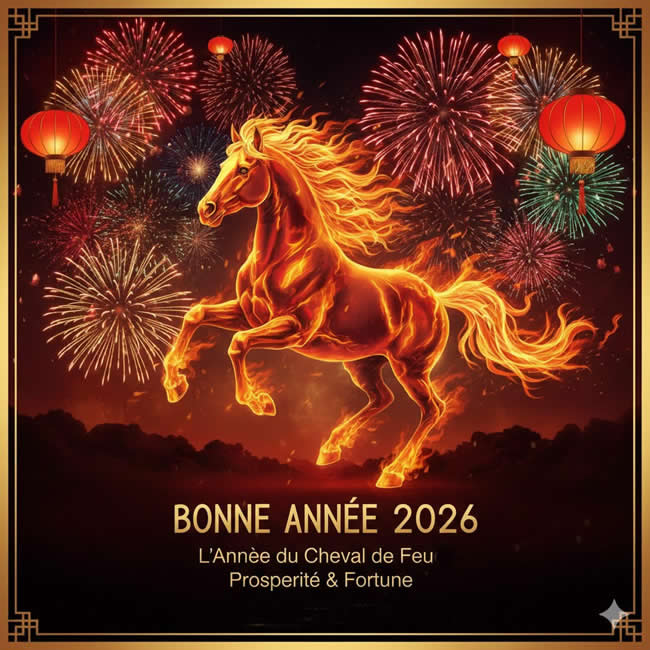 Image Bonne Année 2026 avec le cheval de feu