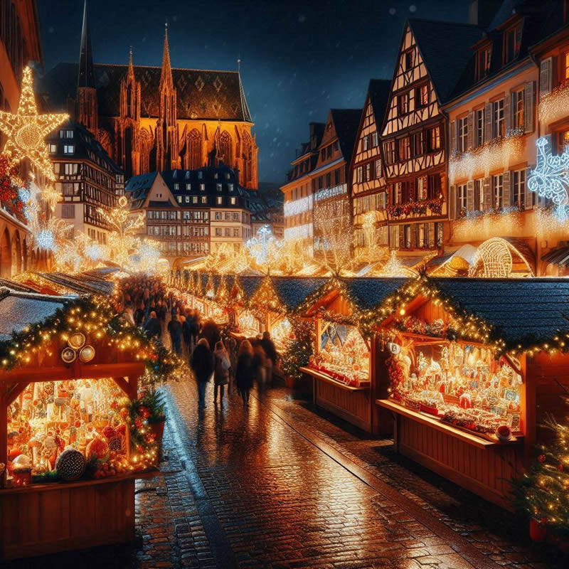 Photo nocturne d’un marché de Noël en Alsace