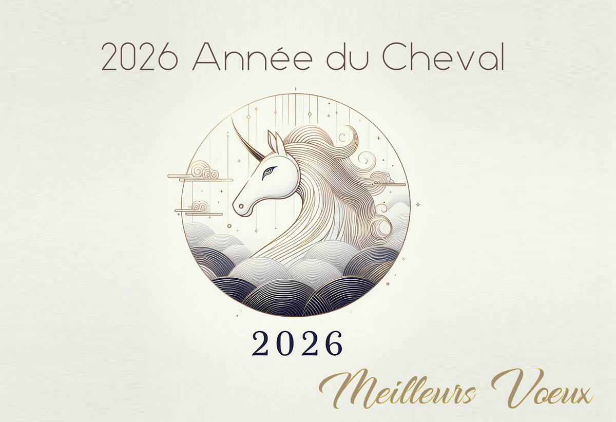 Image 2026 l'année du cheval en HD. Image de bonne année avec des voeux de serpent et de nouvel an.