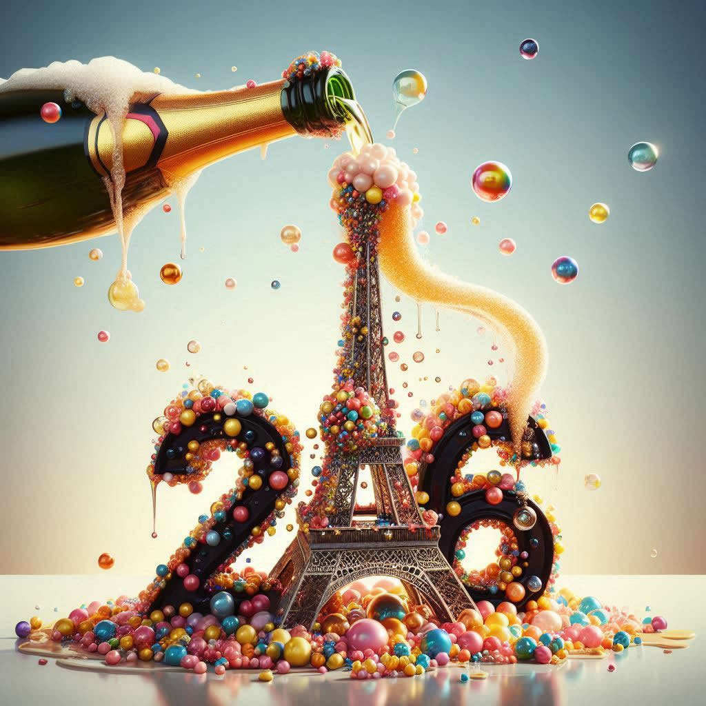champagne versé sur la Tour Eiffel avec beaucoup de bulles colorées