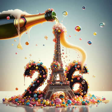 Champagne versé sur la Tour Eiffel avec beaucoup de bulles colorées