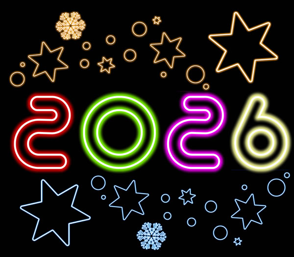 Image 2026 multicolore comme des néons, des étoiles et des flocons de neige colorés