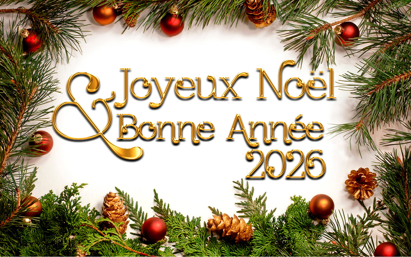 Vœux Joyeux Noël et Bonne Année 2026 avec des décorations de Noël
