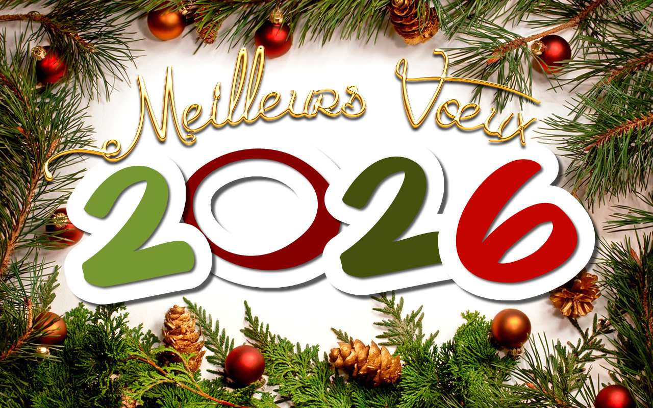 Image Meilleurs Vœux 2026 avec décorations de Noël et boules de Noël