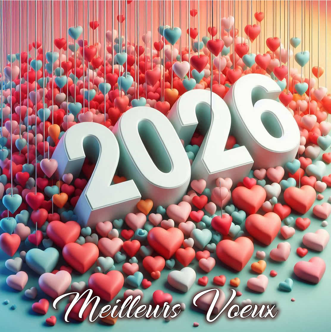 Carte de voeux 2027 avec coeurs suspendus multicolores