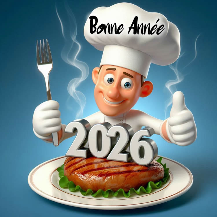 Image drôle où un gros 2025 se gave devant un 2026 affamé, qui aimerait lui aussi se mettre à manger