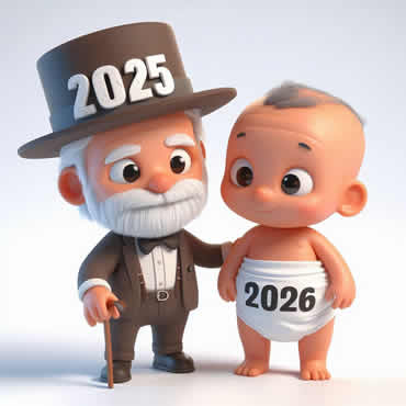 image avec le vieil homme 2025 prend sa retraite et le bébé 2026 arrive